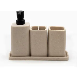 ZCCZ Badezimmer Set 4 Teile – Badezimmer Organizer mit Zahnbürstenhalter, Zahnputzbecher, Seifenspender, Seifenschale, für Kosmetik und Wattestäbchen – Edle Badezimmer Deko, beige