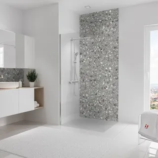 Schulte Duschrückwand Softtouch, 100x255 cm, Wandverkleidung Terrazzo-Grau, Aluminiumverbundplatte, fugenloser Fliesenersatz, EP19010254-854 - Grau