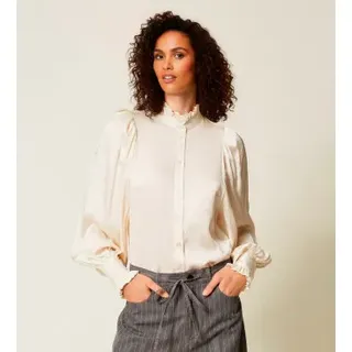 Twinset für Damen. 252TT2362 Jacquard-Hemd aus Satin mit cremefarbenen Volants (42), Weiß, Lässig, Viskose, Langarm