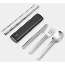 Chilly's Besteck - Utensilien aus Edelstahl mit Reiseetui aus Aluminium - Messer, Gabel, Löffel und Strohhalm - Abyss Black