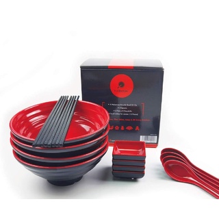 Goliber - Groß Ramen Schüssel Set - Enthält 4 Melamin Ramen Bowl, Essstäbchen, Löffel and kleine Schüssel für Sauce - Japanisches Geschirr Ideal für Ramen Nudeln oder Pho Nudelsuppe -4 Sätze,16