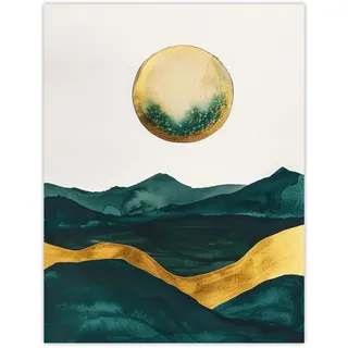 Artery8 Abstract Full Moon Seascape Dark Green Gold Boho Living Room Large Wall Art Poster Print Thick Paper 18X24 Inch