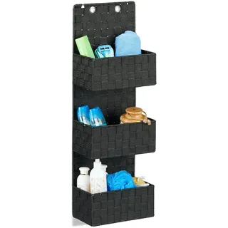 Relaxdays Hängeorganizer Stoff, Türorganizer mit 3 Aufbewahrungskörben, Wandorganizer Bad, PP, HBT: 75x25x15cm, schwarz