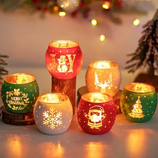 Glasseam Teelichthalter Weihnachten Teelichtgläser: 6er Set Kerzengläser | Rot Grün Weiß Kerzenhalter Glas, Für Weihnachtsdeko, Tisch, Esstisch, Party, Geschenk, Adventsgesteck