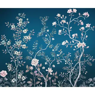 KOMAR Vliestapete blau Rosa, weiß), floral, 300x250 cm Fsc, Tapeten - Aurore - Größe 300 x 250 Vlies