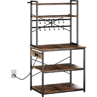 SucceBuy Küchenregal mit X-förmiger Stützstange, 12 S-Haken und integrierter Steckdosenleiste (800 x 400 x 1618 mm), ideal als Mikrowellenregal für Geschirr und Gewürzflaschen aus Metall.