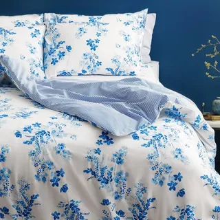 LERUUM Bettwäsche 155x220 Baumwolle Aesthetic Blumen Streifen Blau Weiß Reversibel Bettbezug Set mit 1 x Kissenbezug 80x80 (2 teilig)