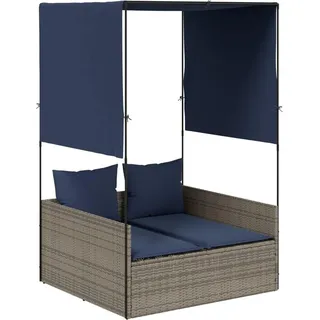 vidaXL Doppelte Sonnenliege mit Dach und Vorhängen, grau, Polyrattan - Grau