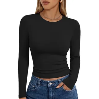 Trendy Queen Damen-Langarm-Shirt, Basic Frühling, Bauchfreies Top, Herbst, modisch, Layering, eng anliegend, Y2k Tops, Schwarz, X-Klein