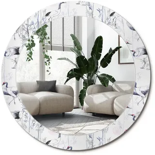 Wallfluent Spiegel Rund Ø 70 cm mit Aufdruck , Weiß, Blau , Glas , 70x70x0.4 cm , Spiegel, Wandspiegel