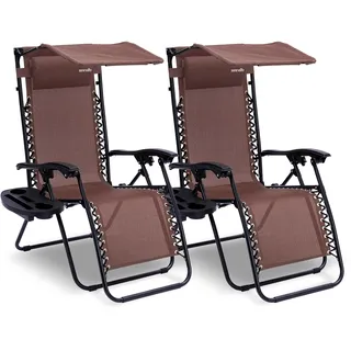 SereneLife Sonnenliege Klappbar 2er Set, Gartenliege Wetterfest zum Liegen & Relaxen, Deckchair mit mit Sonnendach, Beistelltisch & Getränkehalter, Campingstuhl Verstellbar mit Stahlrahmen bis 120 KG