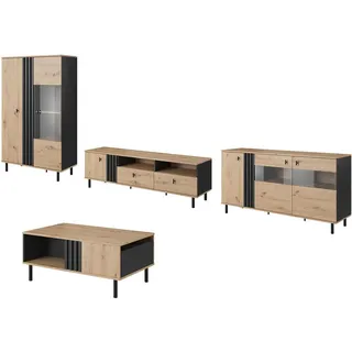 Feldmann-Wohnen Wohnzimmer-Set Madis sand grange eiche / anthrazit 4-teilig , Braun , Holz , 6 Fächer , 3 Schubladen , Rechteckig,Rechteckig , 420.3x148.8x40 cm , Wohnzimmer, Wohnwände