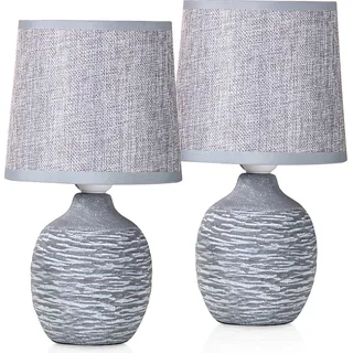 2er Set BRUBAKER Tisch- oder Nachttischlampen 27 cm Steingrau Keramik Lampenfüße mit Struktur und Leinen Schirme - Grau