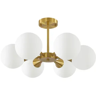 KCO Sputnik Deckenleuchte, gebürstetes Gold, Mitte des Jahrhunderts, moderne Deckenleuchte, 6-flammig, Milchglas-Kugel, halbbündige Deckenleuchte