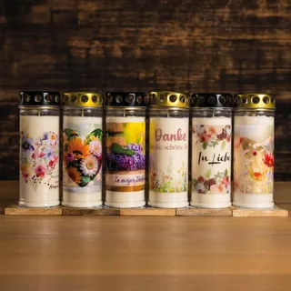 LV Verde Grabkerzen mit Blumenmotiv 6er Set – 7 Tage Brenndauer, wetterfester Wochenbrenner mit Deckel für Grab & Friedhof