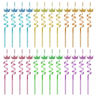Bunte Strohhalm Wiederverwendbarer, 24 Stück Glitzernde Spiral Strohhalme mit Liebeskrone, Hartplastik, Dekorative Trinkhalme für Festivals, Geburtstage, Hochzeiten