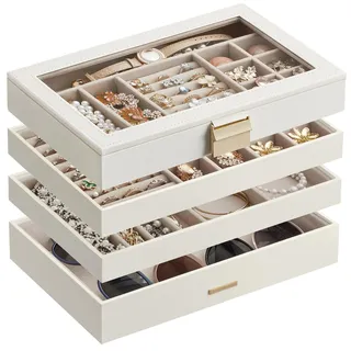SONGMICS Schmucktablett stapelbar, Schmuckkästchen 4 Ebenen | Schmuckbox mit Glasdeckel, Schmuckeinsatz für Schminktisch, 28 x 17 x 18,3 cm, Weiß, GISELLA Kollektion JBC164W01