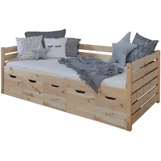 Mid.you Stauraumbett , Naturfarben , Holz , Kiefer , massiv , 5 Schublade(n) Schubladen , 90x200 cm , für Rollrost geeignet , Babymöbel & Kindermöbel, Kinderzimmer & Jugendzimmer, Kinderbetten, Kinderbetten & Jugendbetten