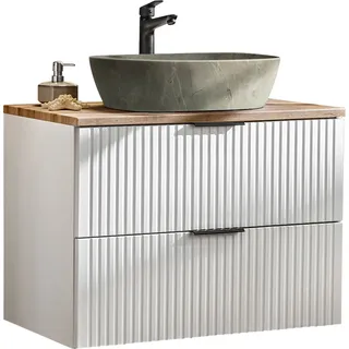 Badmöbel Waschtisch Unterschrank Set 80 cm matt weiß mit Wotaneiche, 2 Softclose Schubkästen, Keramik-Waschbecken Betonoptik - Weiß
