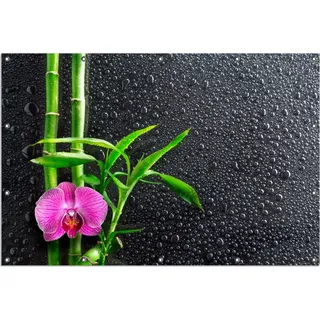 Wallario Outdoor-Poster für Garten oder Balkon, Motiv Bambus und pinke Orchidee auf schwarzem Glas mit Regentropfen, in ca. 120 x 180 cm - Grün