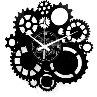 Wanduhren im industriellen Stil aus Vinyl mit Zahnrädern im Gothic Steampunk Design - Handgemachte Dekoration - Geschenk in Schwarz