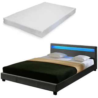 Corium Polsterbett Skagen mit Kaltschaummatratze und LED Textil Doppelbett + Matratze 180x200cm Bett-Gestell Stoff - Grau