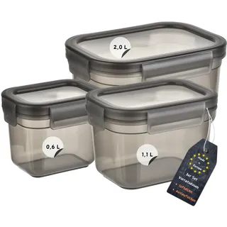 Engelland - 3er Set Aufbewahrungsdosen mit Deckel, luftdicht, auslaufsicher, stapelbar, Vorratsdose, BPA-frei, Kunststoff, verschiedene Größen, 0,6 L / 1,1 L / 2,0 L, transparent-grau
