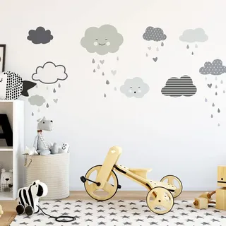 Wandsticker Kinder - Deko Babyzimmer - Wandsticker Kinder - Wandtattoo skandinavisch - Wandsticker Wolken bei sanftem Regen - H120 x B 80 cm