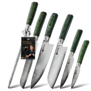 HexClad Essential Damastmesser Set 6-teilig – Küchenmesser aus 67-lagigem Damaststahl – Scharfe japanische Messer mit Pakkaholzgriffen – Vollerl-Konstruktion & Wetzstahl – Profi Küchenmesser Set