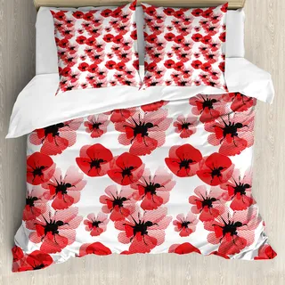 ABAKUHAUS Blumen Bettbezug, Mohnblumen Leuchtende Farben, Milbensicher Allergiker geeignet mit Kissenbezügen, 155 cm x 220 cm - 80 x 80 cm, Vermilion Schwarz Weiß - Schwarz