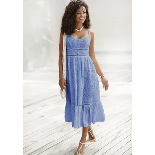 Midikleid BUFFALO "mit hochwertiger Lochstickerei", Damen, Gr. 46, N-Gr, blau (rauchblau), Web, Obermaterial: 100% Baumwolle. Futter: 100% Baumwolle, unifarben, figurbetont ca. Mitte Wade, V-Ausschnitt, Kleider Midikleid, luftiges Sommerkleid aus Baumwolle, Spaghettikleid,Boho-Kleid, elegant, Topseller