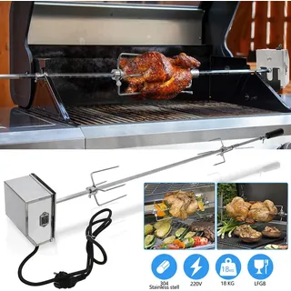 SWANEW Edelstahl Grillspieß Set 117cm passend für Weber Spirit Gasgrill mit 4X Fleischnadeln BBQ Fleischklammer Griffstück und Motor Elektrischer Drehspieß 220V - 240V Silber
