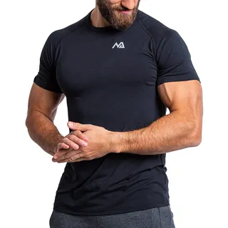 Herren Fitness T-Shirt modal - Männer Kurzarm Shirt für Gym & Training - Passform Slim-Fit, lang mit Rundhals, Schwarz, S