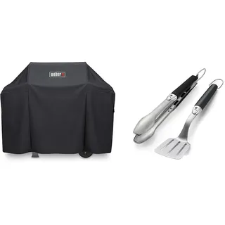 Weber 7183 Premium Hülle für Spirit/Spirit II 300 Serie und Spirit 200 Serie, schwarz & 6645 Grillbesteck Kompakt 2-teilig, Zange und Wender, Edelstahl, schwarz