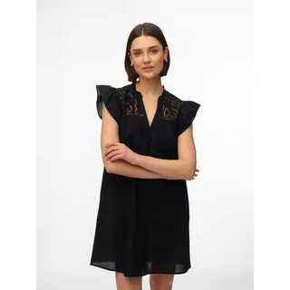 Minikleid VERO MODA "VMLINE SS SHORT DRESS WVN NOOS", Damen, Gr. XL, N-Gr, schwarz, Web, Obermaterial: 100% Baumwolle, unifarben, kurz, V-Ausschnitt, Kleider Minikleid, Baumwolle