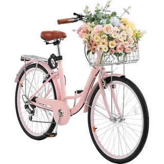 Vevor Cruiser Fahrrad mit 7 Gängen (Reifendurchmesser 660,4 mm) Beach Fahrrad mit großem Korb & Gepäckträger, Cruiser-Fahrrad mit verstellbarem Sitz, für Radfahren Trainieren & Einkaufen Rosa