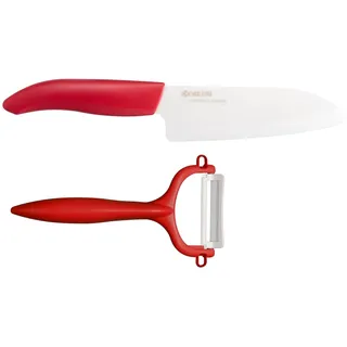 Kyocera GEN RED Cut & Peel Set Keramik Santoku Messer mit Schäler | Klinge 14 cm | ergonomischer Griff | extrem scharfes Küchenmesser und Sparschäler | Kochmesser Profi Messer