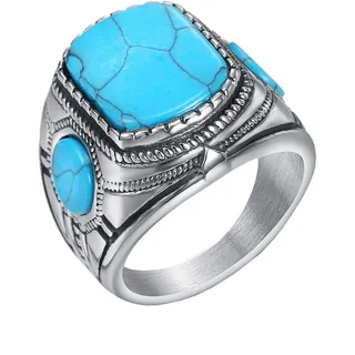 HIJONES Herren Jahrgang Blau Türkis Onyx Edelstein Ring aus Edelstahl Silber Größe 68