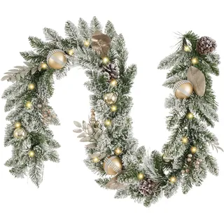 Valery Madelyn 183CM Weihnachtsgirlande mit 20 Led Timer und Tannenzapfen Weihnachtskugeln, künstliche Tannengirlande Weihnachtsdeko für Treppe Tisch Außen Kaminsims Haustür, Weiß Gold