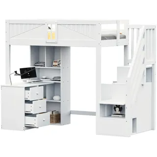 Redom Hochbett 90/200 cm mit Schreibtisch, Schränken, Schubladen und variabler Stauraumleiter aus Massivholz, Weiß , Holz , 90x200 cm , Babymöbel & Kindermöbel, Kinderzimmer & Jugendzimmer, Kinderbetten, Hochbetten