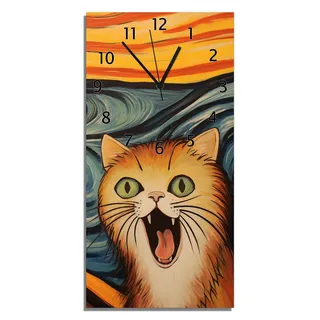 Wallario Design Wanduhr Der Schrei der Katze aus Echtglas, Größe 30 x 60 cm - Orange