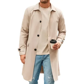 Runcati Herren-Trenchcoat, schmale Passform, einreihig, lang, Windjacke, klassisches Revers, lässiger Mantel