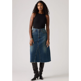 Jeansrock LEVI'S "HR A LINE DECON SKIRT", Damen, Gr. 34, hinged heart, Denim/Jeans, Obermaterial: 100% Baumwolle, kniebedeckend, Röcke Jeansrock, in trendy Midi-Länge mit ausgefranster Kante