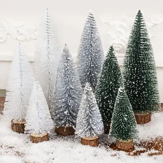 Weihnachtsbaum Mini Künstlich, Mini künstlicher Weihnachtsbaum mit Holzsockel, Miniatur Tannenbaum mit Schnee-Effek für weihnachtsdeko, Party, Tischdekoration, 10/15/20cm(9 Stück)