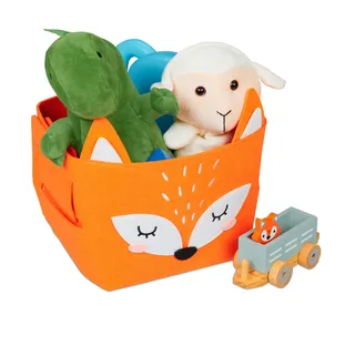 Relaxdays Aufbewahrungskorb Filz, Fuchs-Motiv, Filzkorb für Kinder, faltbar, HBT: 24 x 18 cm,