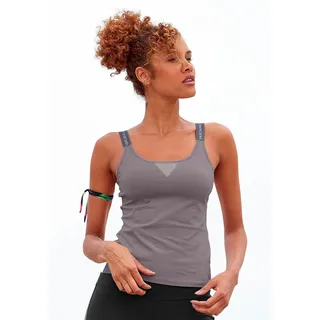 Funktionsshirt LASCANA ACTIVE, Damen, Gr. L (44/46), grau (stone), Jersey, Obermaterial: 95% Baumwolle, 5% Elasthan, Mesh, unifarben, Basic hüftlang, Rundhals, Shirts Funktionsshirt, mit beschrifteten Trägern und Mesh-Einsatz, Topseller