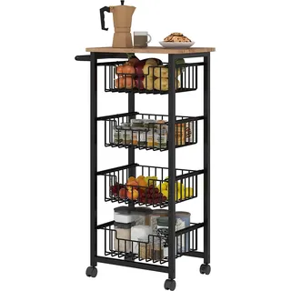 Küchenwagen Servierwagen mit Arbeitsplatte, 4 ausziehbaren Stahlkörben, Rollwagen für Büro, 49,5 x 31 x 91 cm, Eiche Aosom