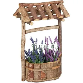 Rustikaler Holz-Gartenbrunnen mit natürlicher Rinde, spitzem Dach, bepflanzbar, 44x29x19.8cm