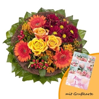 Dominik Blumen und Pflanzen, Blumenstrauß "Füllhorn" mit orangen Rosen und Germini und Grußkarte "Alles Liebe"