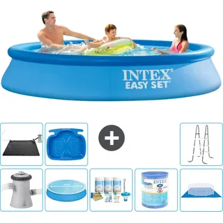Intex runder aufblasbarer Easy Set-Schwimmpool – 305 x 61 cm – Blau – inklusive Pumpe Sonnensegel - Wartungspaket - Filter - Bodenplane - Solarmatte - Leiter